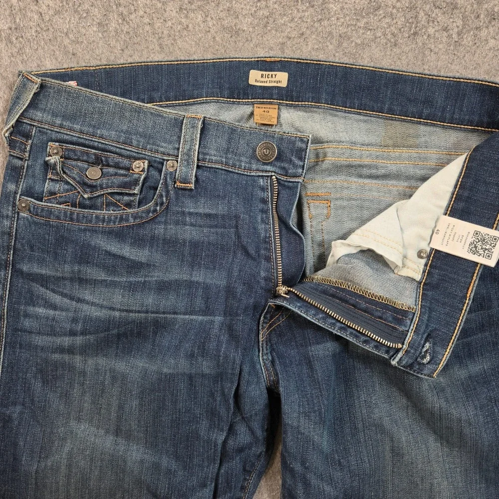 True Religion Ricky Relaxed Straight Jeans Mens 40 Blue Wash Made in USA